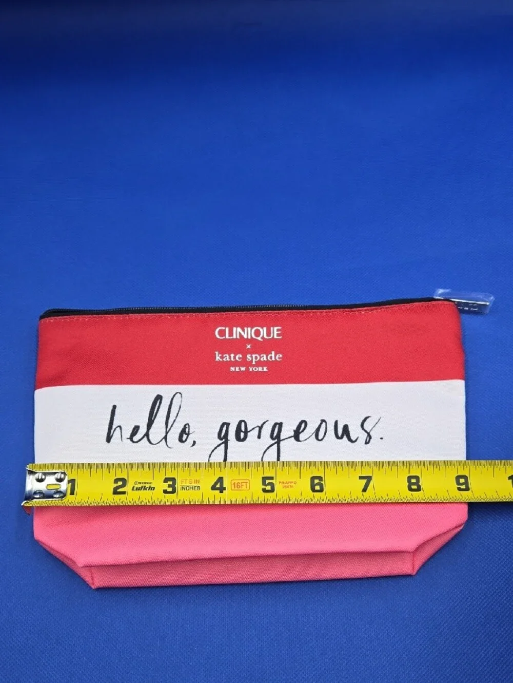 Clinique Pink and Red Striped Makeup Pouch with Mini Clinique Eye Care